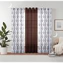 Semi Transparent 3 Piece Tissue Net Sheer Polyester Floral Stripes Long Door Eyelet Curtains with Grommet for Living Room Home Decor - 9 Feet, Brown, Pack of 3
