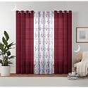 Semi Transparent 3 Piece Tissue Net Sheer Polyester Stripes Floral Long Door Eyelet Curtains with Grommet for Living Room Home Decor - 9 Feet, Maroon, Pack of 3