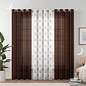 Semi Transparent 3 Piece Tissue Net Sheer Polyester Stripes Tree Print Door Eyelet Curtains with Grommet for Living Room Home Décor - 7 Feet, Brown, Pack of 3