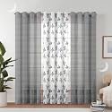 Semi Transparent 3 Piece Tissue Net Sheer Polyester Stripes Leaf Print Long Door Eyelet Curtains with Grommet for Living Room Home Décor - 9 Feet, Grey, Pack of 3