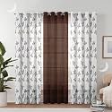 Semi Transparent 3 Piece Tissue Net Sheer Polyester Leaf Stripes Print Long Door Eyelet Curtains with Grommet for Living Room Home Décor - 9 Feet, Brown, Pack of 3