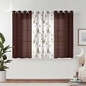 Semi Transparent 3 Piece Tissue Net Sheer Polyester Stripes Flower Print Window Eyelet Curtains with Grommet for Living Room Home Décor - 5 Feet, Brown, Pack of 3