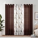 Semi Transparent 3 Piece Tissue Net Sheer Polyester Stripes Flower Print Door Eyelet Curtains with Grommet for Living Room Home Décor - 7 Feet, Brown, Pack of 3