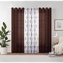 Semi Transparent 3 Piece Tissue Net Sheer Polyester Stripes Floral Long Door Eyelet Curtains with Grommet for Living Room Home Decor - 9 Feet, Brown, Pack of 3