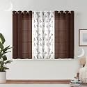 Semi Transparent 3 Piece Tissue Net Sheer Polyester Stripes Leaf Print Window Eyelet Curtains with Grommet for Living Room Home Décor - 5 Feet, Brown, Pack of 3