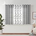 Semi Transparent 3 Piece Tissue Net Sheer Polyester Stripes Leaf Print Window Eyelet Curtains with Grommet for Living Room Home Décor - 5 Feet, Grey, Pack of 3