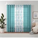 Semi Transparent 3 Piece Tissue Net Sheer Polyester Tree Print Door Eyelet Curtains with Grommet for Living Room Home Décor - 7 Feet, Blue, Pack of 3