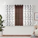 Semi Transparent 3 Piece Tissue Net Sheer Polyester Leaf Stripes Print Window Eyelet Curtains with Grommet for Living Room Home Décor - 5 Feet, Brown, Pack of 3