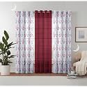 Semi Transparent 3 Piece Tissue Net Sheer Polyester Floral Stripes Long Door Eyelet Curtains with Grommet for Living Room Home Decor - 9 Feet, Maroon, Pack of 3