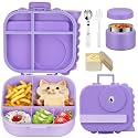 Lunch Box Kids with 5 Compartments, Insulated Food Jar &amp; Utensils, Leak Proof Bento Box with Sauce Container, BPA-Free &amp; Dishwasher Safe, Dinosaur Design(Purple)