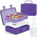 Lunch Box for Kids Adults,with Ice Packs for Lunch Boxes,5 Compartments Leak Proof Bento Box,Bento Box for Kids with Spoon & Fork Portable Handle,Microwave & Dishwasher Safe(Purple)
