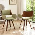 LUNLING Swivel Accent Faux Leather Dining Chairs Set of 2 Mid Century Modern Chairs with Wooden Legs/Armrest/Upholstered Seat/Adjustable Foots for Kitchen Dining Room Desk Chairs Green