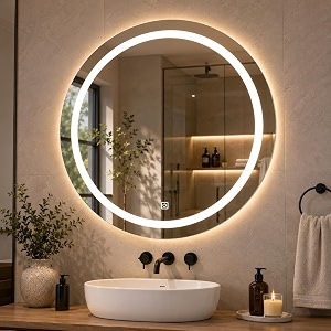 round 24x24 inch wall-mounted led mirror with smart sensor and 3-color light warm white natural  mirror light wash basin wall and fancy washbasin mirrorsmart led design