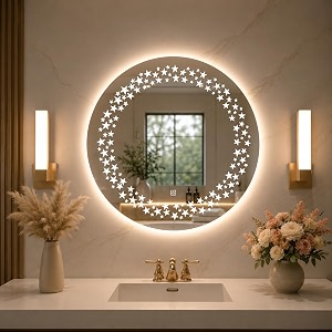 round 24x24 inch wall-mounted led mirror with smart sensor and 3-color light warm white natural  light wash basin wall fancy washbasinsmart led design