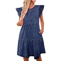 luvamia 2025 Denim Dress for Women Summer Babydoll Sleeveless Ruffle Sleeve Mini Dresses Loose Flowy Swing Pleated Dress