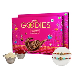 luvit goodies - assorted treats chocolate gift pack with 2 beautiful rakhi  raksha bhandan gift set for brother  gift pack - pack of 2-1647g each