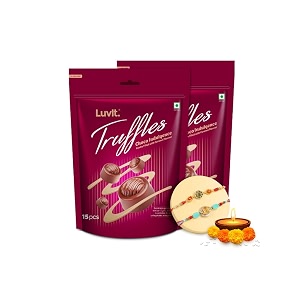 luvit truffles choco indulgence  caramel filled chocolate with 2 rakhis  perfect rakhi gift  decadent treat  pack of 2-150g each