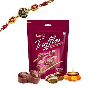 luvit truffles choco indulgence  caramel filled chocolate with 1 rakhis  perfect rakhi gift  raksha bandan gift  pack of 1-150g each