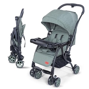 luvlap sunshine plus strollerpram with reversible handlebar 5 point harness 3 level recline adjustment compact and easy fold for newborn babykids 0-3 years light green