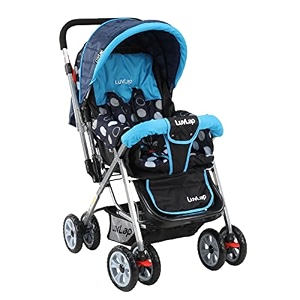 luvlap sunshine baby strollerpram for 0 to 3 years new borntoddlerkid 5 point safety harness adjustable backrest 360 swivel wheel large storage basket reversible handlebar blue