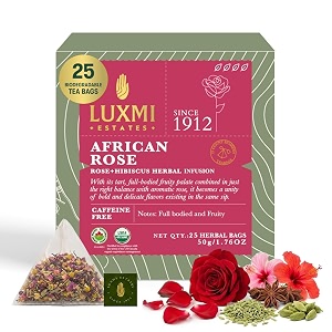 luxmi estates african rose herbal infusion 25 plant-based biodegradable bags 50gm pack  usda certified organic infusion  hibiscus amp roses  caffeine free  flavourful 100 natural  support a healthy response