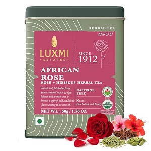 luxmi estates african rose herbal infusion 50gm tin caddy pack  usda certified organic infusion  hibiscus amp roses  caffeine free  flavourful 100 natural  support a healthy response