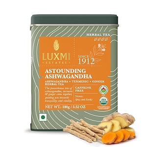 luxmi estates astounding ashwagandha  certified organic herbal infusion  loose herb pack 100gm tin caddy  ashwagandha turmeric moringa ginger amp cinnamon  for stress support  caffeine free