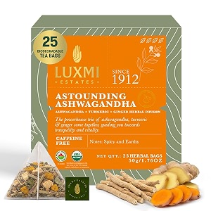 luxmi estates astounding ashwagandha  certified organic herbal infusion  25 plant-based biodegradable bags 50g  ashwagandha turmeric moringa ginger amp cinnamon  for stress support  caffeine free