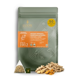 luxmi estates astounding ashwagandha  certified organic herbal infusion  50 plant-based biodegradable bags 100g  ashwagandha turmeric moringa ginger amp cinnamon  for stress support  caffeine free