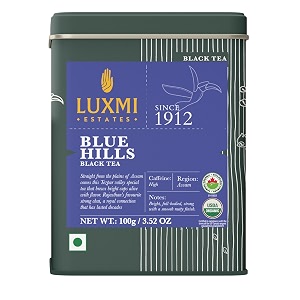 luxmi estates blue hills black tea blend 100gm pack  organic black ctc tea  50 cups  jodhpur blend  best for milk chai  premium ctc blended chai with leaf  strong assam flavour  100 natural teas