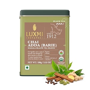 luxmi estates masala chai powder 100gm pack  chai adda-bari  organic black tea  strong robust amp aromatic masala chai  indian spice chai enriched with cinnamon amp cardamom  energy booster
