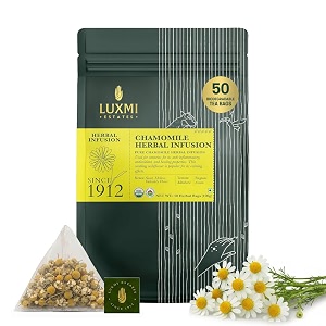 luxmi estates organic chamomile herbal infusion  50 plant-based biodegradable bags  pure chamomile flowers  single ingredient  caffeine free  soothing and relaxing  stress relief bedtime drink