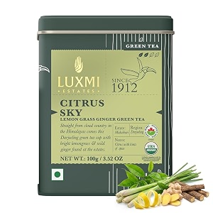 luxmi estates citrus sky lemongrass ginger green tea - 100gm tin loose leaf  certified organic darjeeling  natural lemon balm tea - calming supports digestion