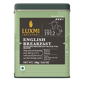 luxmi estates english breakfast tea 100gm loose leaf tin  a tale of two estates  black tea leaf  smooth flavorful robust caffeinated  darjeeling amp assam tea from india 100 grams