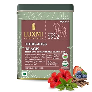 luxmi estates hibis-kiss black tea 100gm tin  usda certified organic hibiscus strawberry black tea  lemongrass spearmint