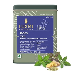 luxmi estates holy tea 50gm tin pack  tulsi herbal infusion  caffeine-free  natural immunity booster  supports digestion amp gut health  calming amp stress-relieving herbal chai