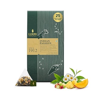 luxmi estates indian passion green 25 tea bags 50g pack  mango passion fruit green tea  lemongrass ginger lemon peel  calming tea for relaxation  low caffeine