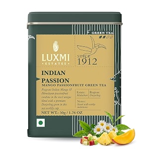 luxmi estates indian passion green 50gm tin  darjeeling green tea  mango passion fruit green tea  lemongrass ginger lemon peel  calming tea for relaxation  low caffeine