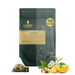 luxmi estates indian passion green 50 tea bags 100g pack  mango passion fruit green tea  lemongrass ginger lemon peel  calming tea for relaxation  low caffeine