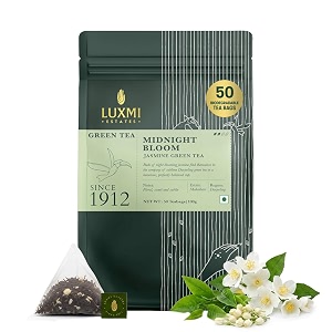 luxmi estates midnight bloom jasmine green loose leaf tea 50 plant-based biodegradable tea bags 100g pack  antioxidant-rich darjeeling green tea with jasmine buds  for energy with no jitters natural aid relieve stress improved mental clarity and immunity  50 cups