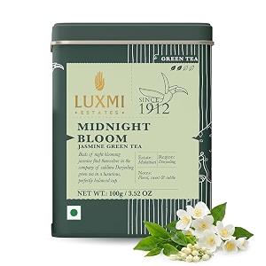 luxmi estates midnight bloom jasmine green tea  100g loose leaf  antioxidant-rich darjeeling green tea with jasmine buds  for energy with no jitters natural aid relieve stress improved mental clarity and immunity  50 cups