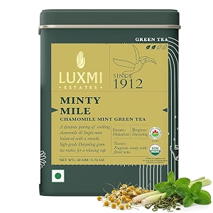 luxmi estates minty mile chamomile mint green tea 50gm tin  usda certified organic green tea  low caffeine chamomile  mint teabags best for night timelemongrassspearmint