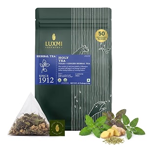luxmi estates holy tea 50 bags 100g pack  tulsi herbal infusion  caffeine-free  natural immunity booster  supports digestion amp gut health  calming amp stress-relieving herbal chai  50 plant-based biodegradable bags