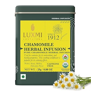 luxmi estates organic chamomile herbal infusion  25 gm loose pure chamomile flowers  single ingredient  caffeine free  soothing and relaxing  stress relief bedtime drink