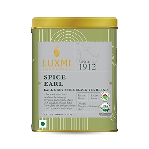 luxmi estates spiced earl grey tea 100gm tin  earl grey spice black tea blend  cinnamon cardamom cloves black pepper