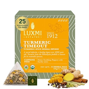 luxmi estates turmeric time-out herbal infusion - 25 plant-based biodegradable bags 50g  certified usda organic  turmeric ginger cardamom black pepper blend supports immunity digestion amp inflammation relief