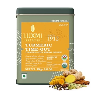 luxmi estates turmeric time-out herbal loose infusion - 100g pack  certified usda organic herbal infusion  turmeric ginger cardamom black pepper blend  supports immunity digestion amp inflammation relief  50 cups