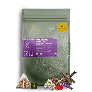 luxmi estates valerian dream  organic sleep infuaion 50 plant-based biodegradable bags  usda organic  valerian root chamomile lavender amp rose  caffeine free best for insomnia anxiety amp stress relief relaxation restful and peaceful sleep