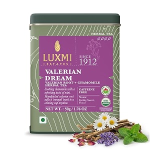 luxmi estates valerian dream  organic sleep infusion  50 gm tin caddy  usda organic  valerian root chamomile lavender amp rose  caffeine free best for insomnia anxiety amp stress relief relaxation restful and peaceful sleep