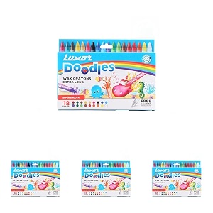 luxor doodles extra long wax crayons 18 assorted shades 1 free glitter silver crayon  perfect for young artists pack of 4